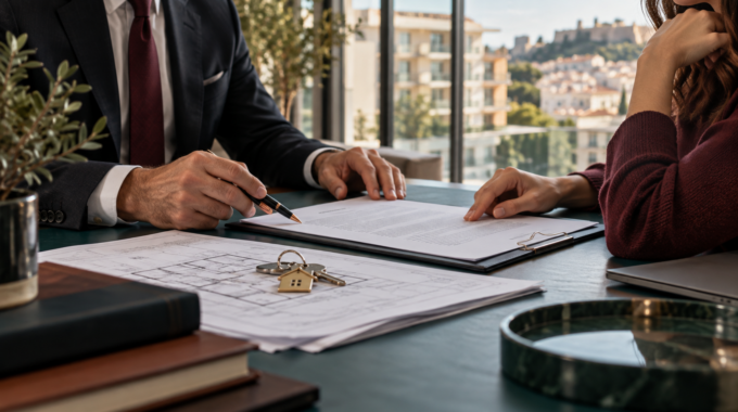 Compradora Analisa O Contrato E A Planta De Uma Casa Com Acompanhamento Profissional Independente